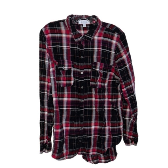 New Directions Plaid Long Sleeve Button Down Shirt Women’s Large Navy Red Gray - Picture 2 of 8